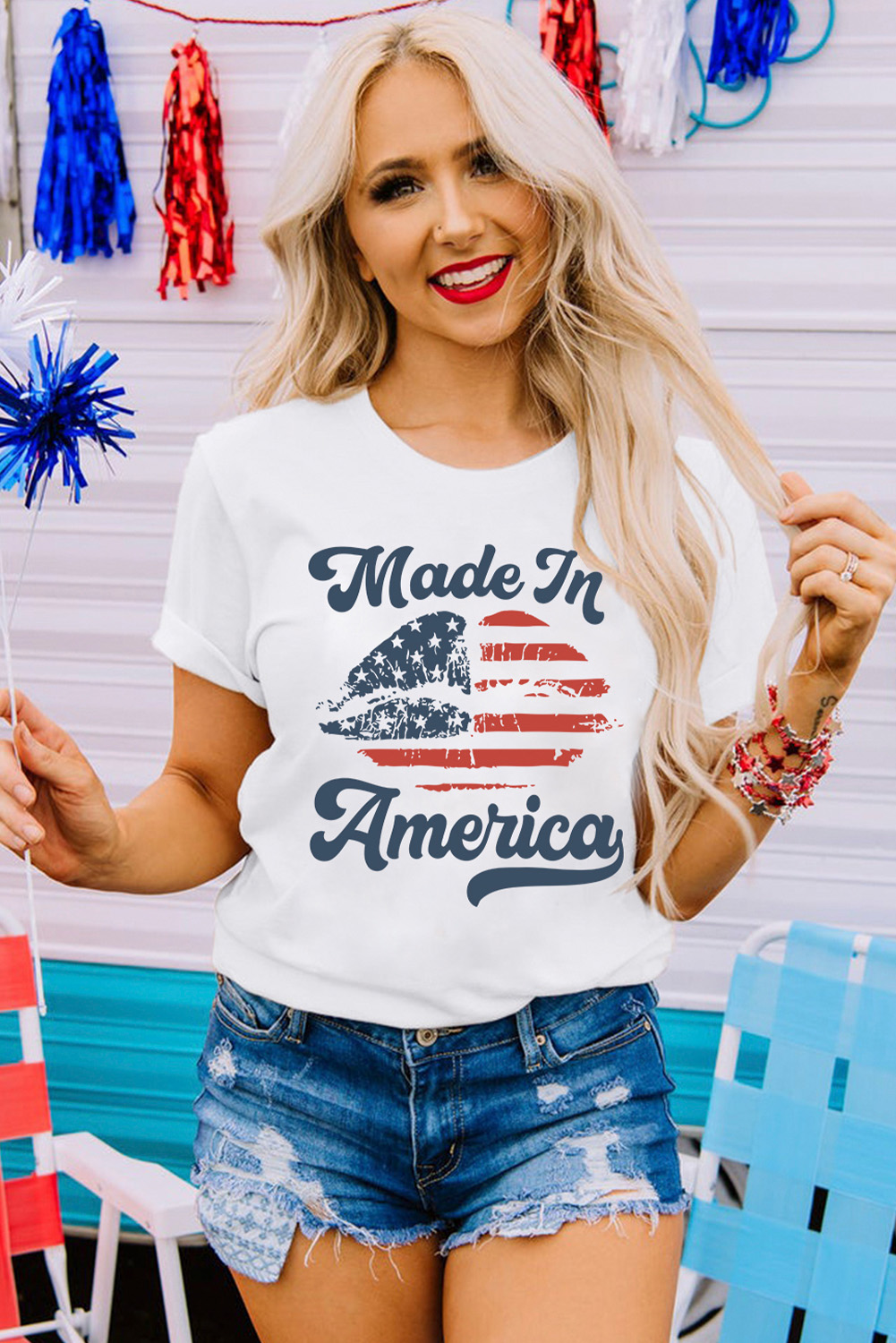 Patriotic Women's Graphic Tee – White O Neck Shirt Featuring Lip Print and American Flag - Detail View 5 Patriotic Women's Graphic Tee – White O Neck Shirt Featuring Lip Print and American Flag - Detail View 5