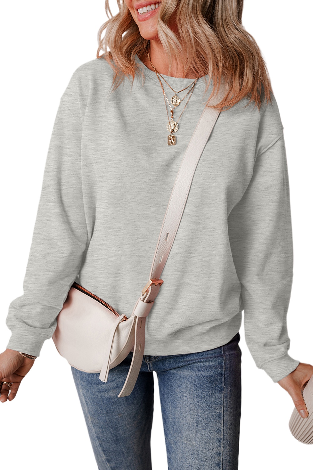 Women's Gray Solid Fleece Lined Drop Shoulder Terry Sweatshirt - Main View Women's Gray Solid Fleece Lined Drop Shoulder Terry Sweatshirt - Main View