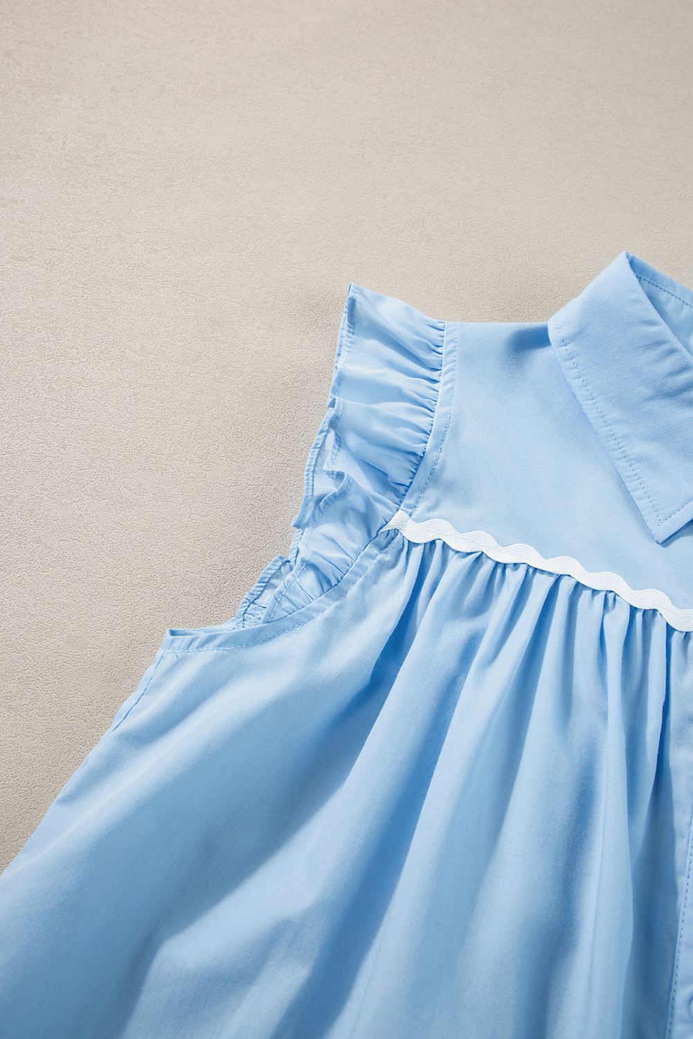 Women's Shirt, Sleeveless, Sky Blue, Ric Rac Trim, Frilly, Elegant, Comfortable, Breathing Fabric, Lightweight, Airy, Classic Spread Collar, Pleat Detailing, Timeless Fashion, Daily Wear, Tops, Blouses & Shirts - Detail View 10 Women's Shirt, Sleeveless, Sky Blue, Ric Rac Trim, Frilly, Elegant, Comfortable, Breathing Fabric, Lightweight, Airy, Classic Spread Collar, Pleat Detailing, Timeless Fashion, Daily Wear, Tops, Blouses & Shirts - Detail View 10