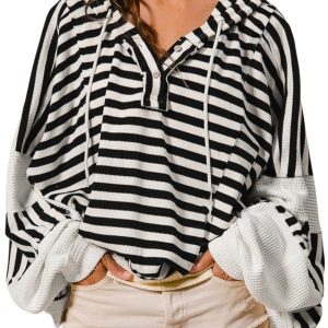 Women's Black and White Oversized Striped Henley Hooded Top with Dolman Sleeves - Main View