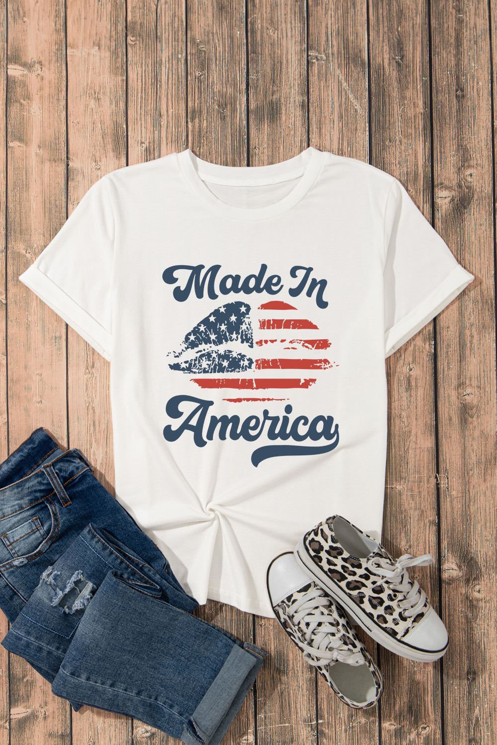 Women's White O Neck T-Shirt with American Flag Lip Print – Casual Style for Daily Wear - Detail View 10 Women's White O Neck T-Shirt with American Flag Lip Print – Casual Style for Daily Wear - Detail View 10