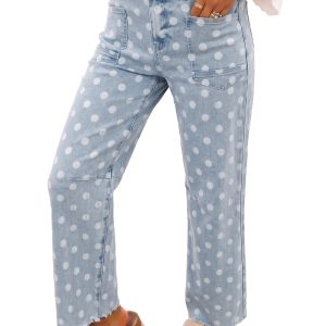 Women's Sky Blue Polka Dot Jeans, Casual High Waist Denim - Main View