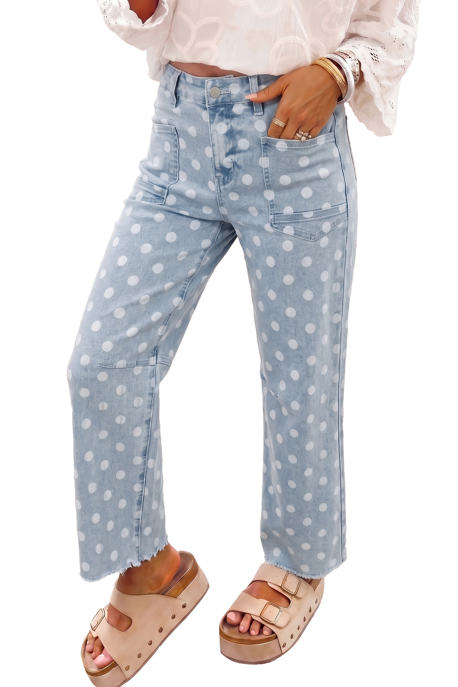 Women's Sky Blue Polka Dot Jeans, Casual High Waist Denim - Main View Women's Sky Blue Polka Dot Jeans, Casual High Waist Denim - Main View