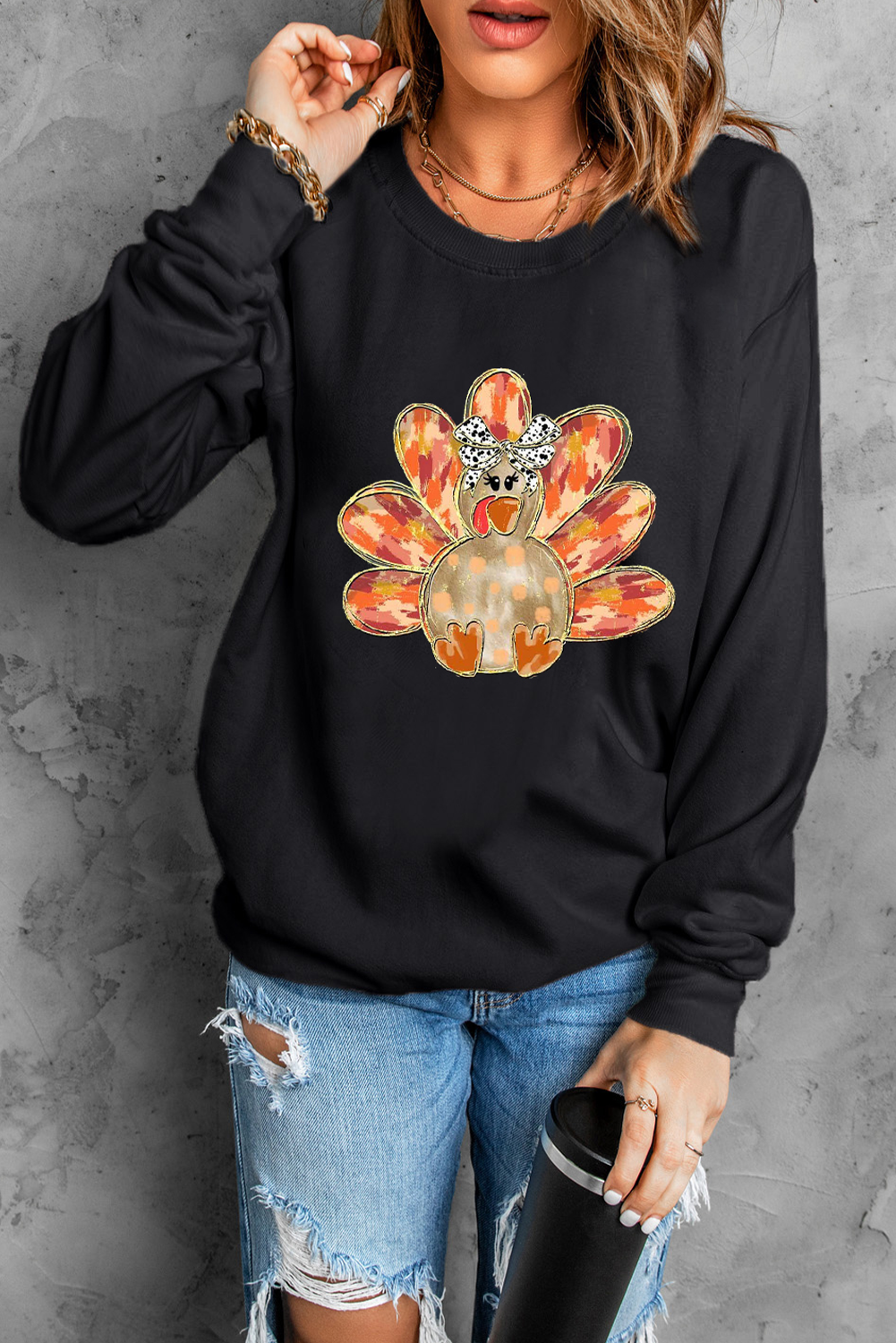 Cozy Casual Black Sweatshirt with Thanksgiving Turkey Graphic and Bow - Detail View 6 Cozy Casual Black Sweatshirt with Thanksgiving Turkey Graphic and Bow - Detail View 6