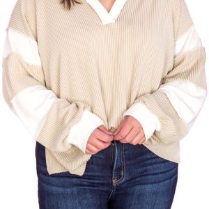 Women's Plus Size Parchment Colorblock Long Sleeve V Neck Top - Main View