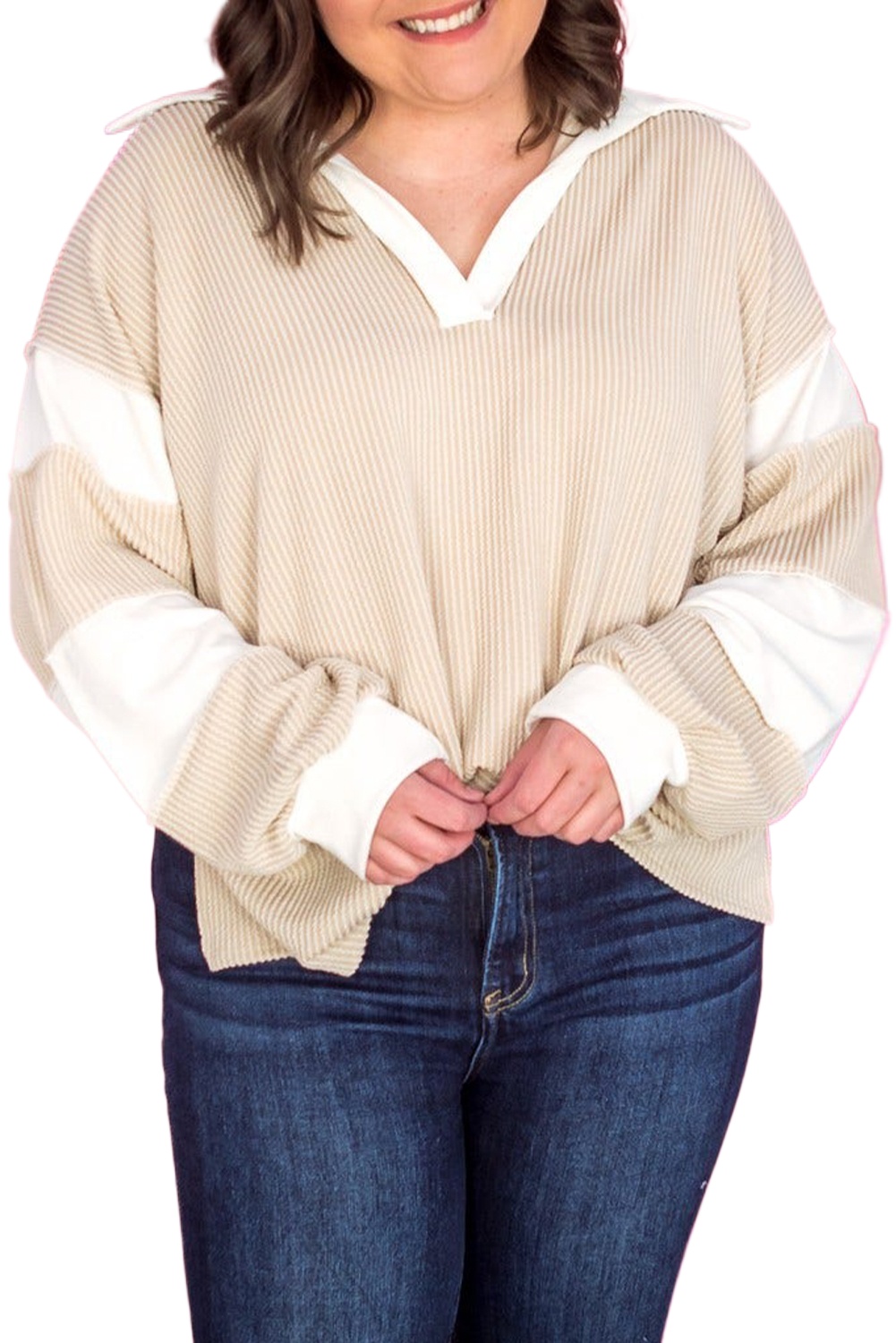 Women's Plus Size Parchment Colorblock Long Sleeve V Neck Top - Main View Women's Plus Size Parchment Colorblock Long Sleeve V Neck Top - Main View