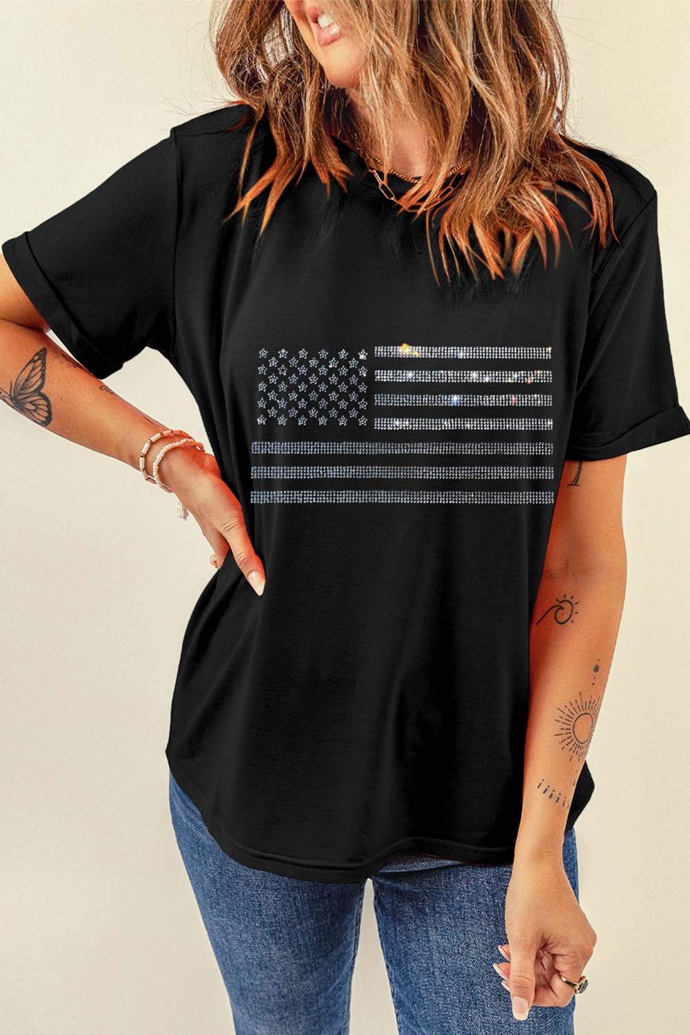 Patriotic and Glamorous Graphic Tee for Women - Black and Rhinestone Embellished - Detail View 7 Patriotic and Glamorous Graphic Tee for Women - Black and Rhinestone Embellished - Detail View 7
