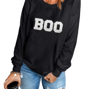 Women's Black Chenille BOO Patched Pattern Crewneck Sweatshirt - Main View