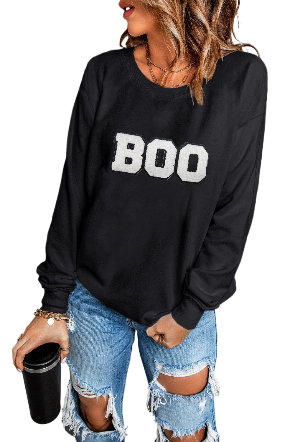 Women's Black Chenille BOO Patched Pattern Crewneck Sweatshirt - Main View Women's Black Chenille BOO Patched Pattern Crewneck Sweatshirt - Main View