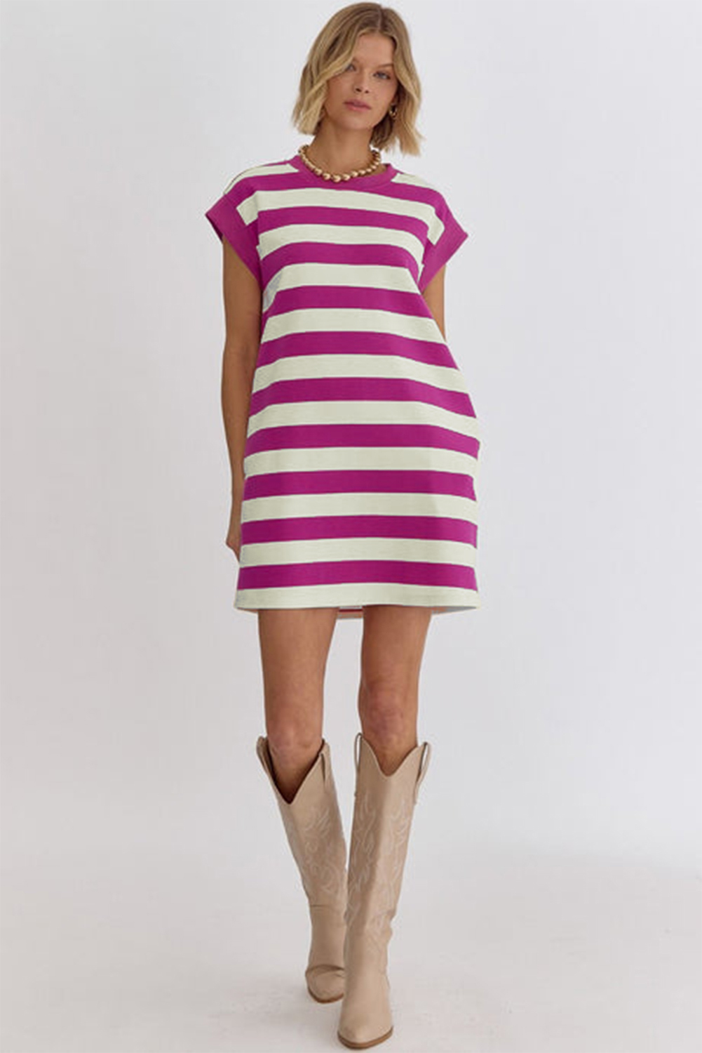 Women's Rose Stripe Cap Sleeve Shift T-shirt Dress with Pockets - Detail View 11 Women's Rose Stripe Cap Sleeve Shift T-shirt Dress with Pockets - Detail View 11