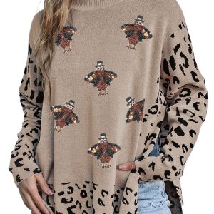 Women's Khaki Sequin Turkey Leopard Mixed Pattern High Neck Sweater with Slits - Main View