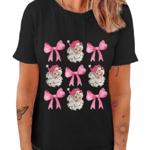 Women's Black Santa Claus Bow Knot Christmas Graphic Tee - Main View