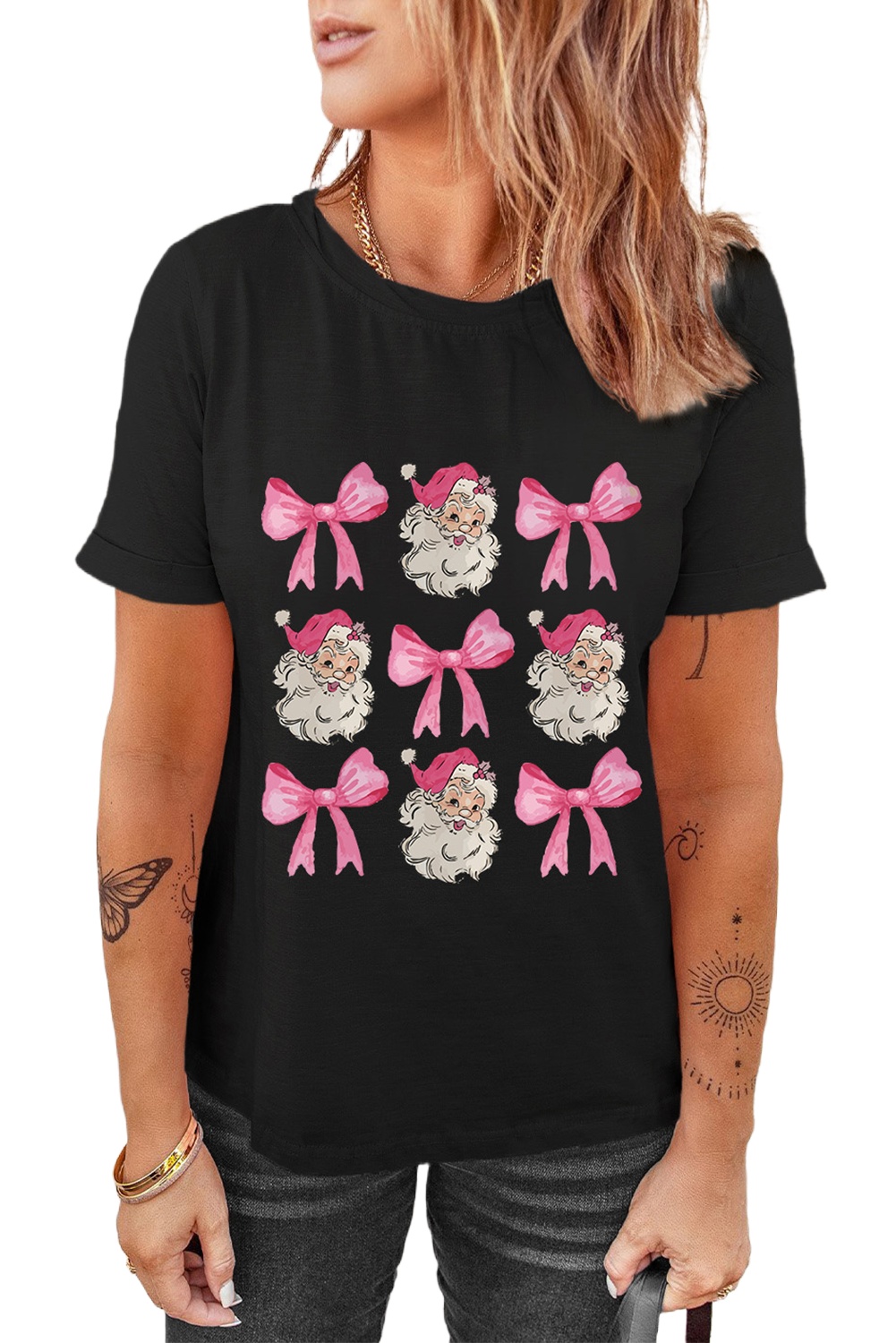 Women's Black Santa Claus Bow Knot Christmas Graphic Tee - Main View Women's Black Santa Claus Bow Knot Christmas Graphic Tee - Main View