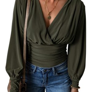 Women's Moss Green Ruched Wrap V Neck Long Sleeve Bodysuit - Main View