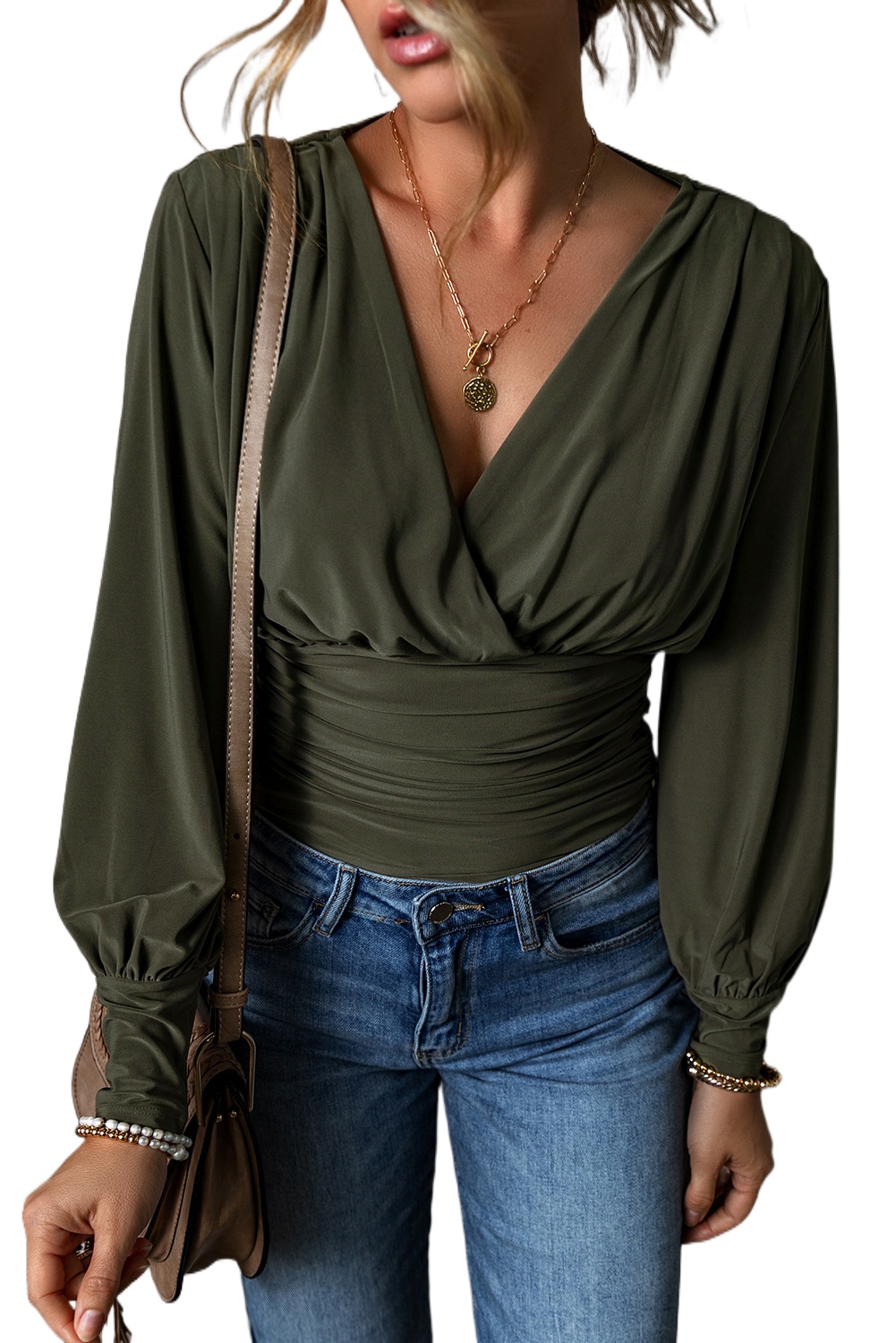 Women's Moss Green Ruched Wrap V Neck Long Sleeve Bodysuit - Main View Women's Moss Green Ruched Wrap V Neck Long Sleeve Bodysuit - Main View