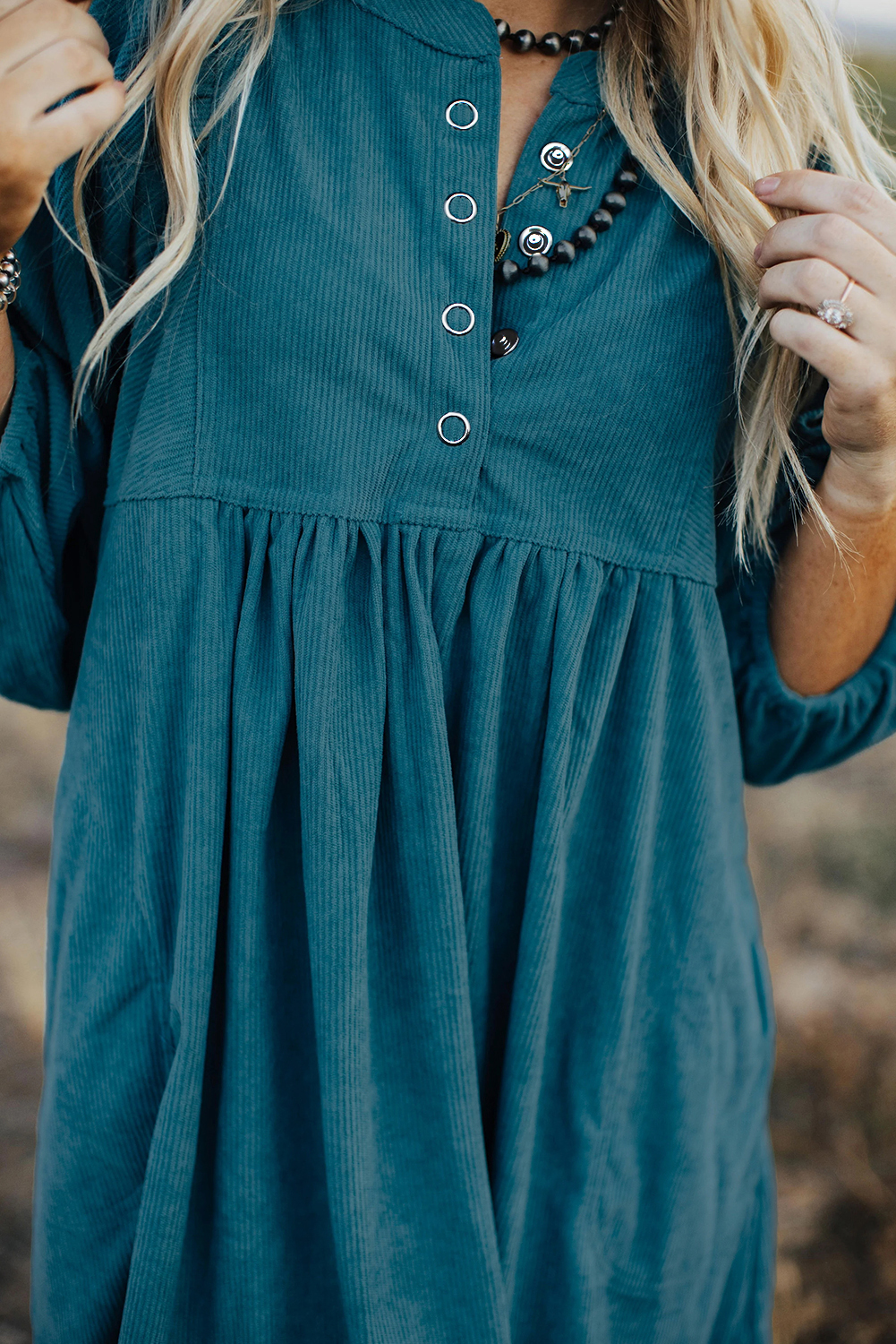 Stylish Bracelet Sleeve Dress: Blue Corduroy, Empire Waist - Detail View 7 Stylish Bracelet Sleeve Dress: Blue Corduroy, Empire Waist - Detail View 7
