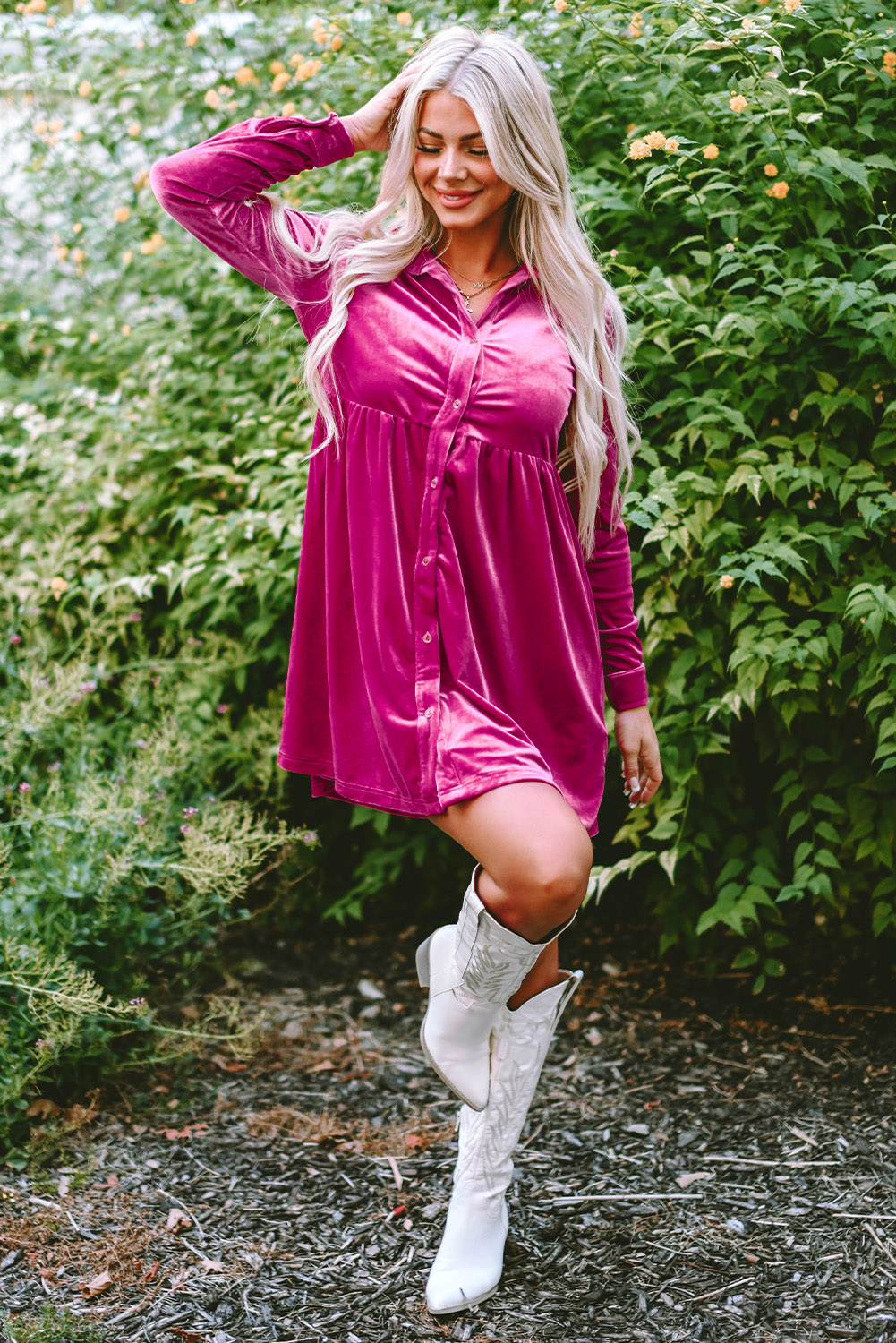 Women's Rosy Velvet Shirt Dress, Long Sleeve Mini Silhouette - Detail View 10 Women's Rosy Velvet Shirt Dress, Long Sleeve Mini Silhouette - Detail View 10