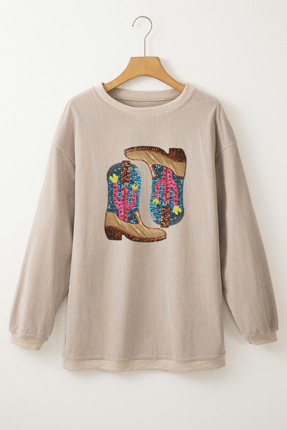 Women's Smoke Gray Cowboy Boots Graphic Corded Loose Fit Sweatshirt - Detail View 6 Women's Smoke Gray Cowboy Boots Graphic Corded Loose Fit Sweatshirt - Detail View 6