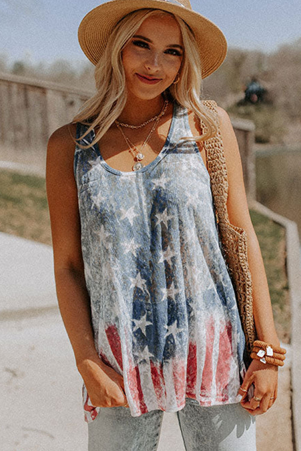 Vintage Flag Sleeveless Tank, Women's Casual U Neck Top - Detail View 3 Vintage Flag Sleeveless Tank, Women's Casual U Neck Top - Detail View 3