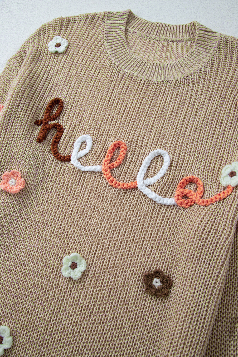Casual Long Sleeve Sweater with Hello Floral Embroidery - Parchment - Detail View 7 Casual Long Sleeve Sweater with Hello Floral Embroidery - Parchment - Detail View 7