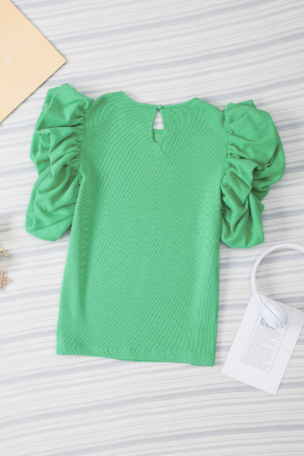 Green Round Neck Knit Top, Summer Ruffle Sleeve Blouse - Detail View 5 Green Round Neck Knit Top, Summer Ruffle Sleeve Blouse - Detail View 5