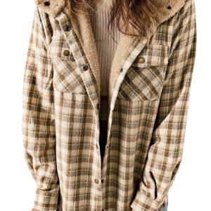 Women's Khaki Plaid Shacket, Sherpa Lined Hooded Jacket - Main View