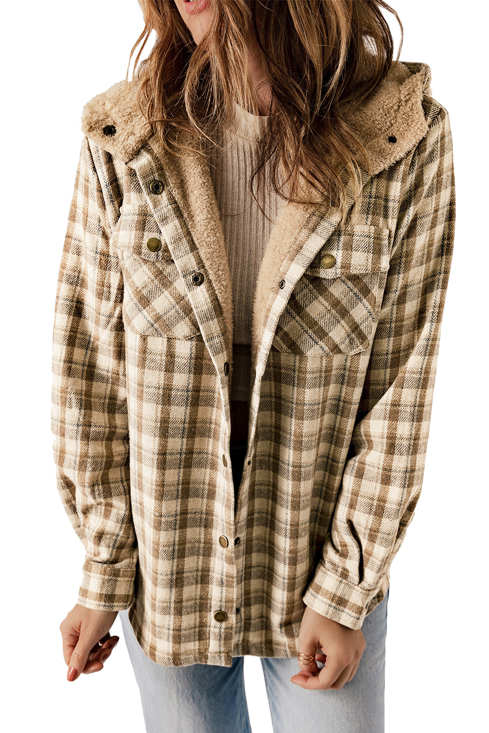 Women's Khaki Plaid Shacket, Sherpa Lined Hooded Jacket - Main View Women's Khaki Plaid Shacket, Sherpa Lined Hooded Jacket - Main View