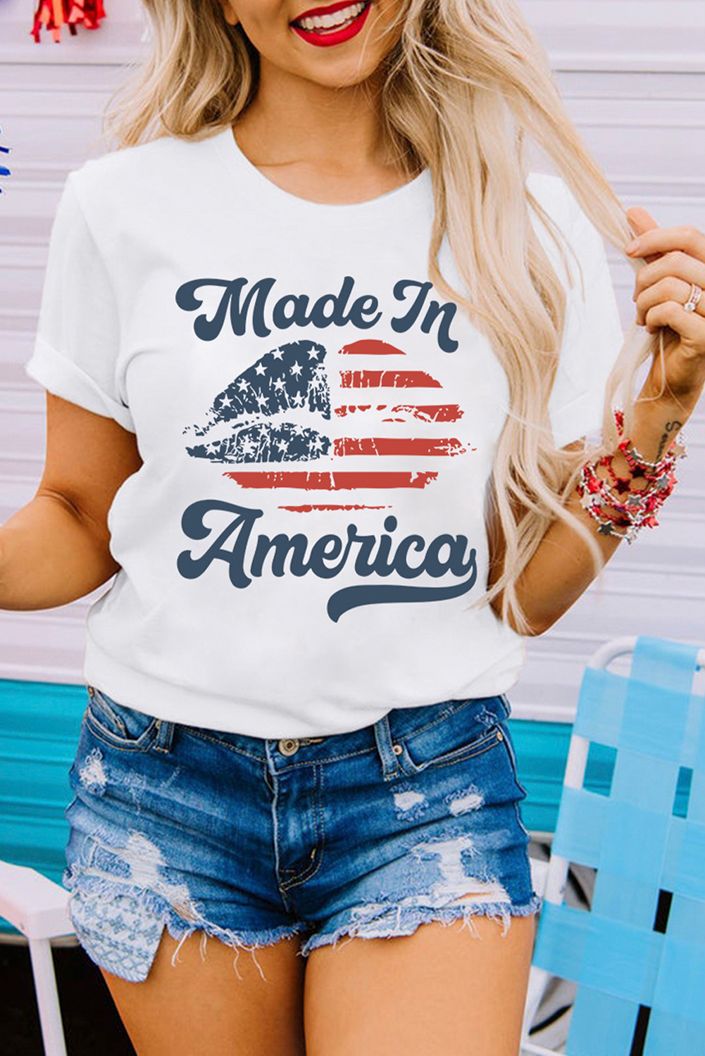 Patriotic Women's Graphic Tee – White O Neck Shirt Featuring Lip Print and American Flag - Detail View 2 Patriotic Women's Graphic Tee – White O Neck Shirt Featuring Lip Print and American Flag - Detail View 2