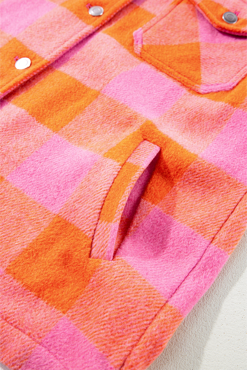 Elevate your daily style with this Women's Orange Plaid Chest Pocket Button-up Turn Down Collar Jacket. The stylish plaid pattern adds a trendy touch to your outfit, while the convenient chest pockets provide functional storage space. The versatile button-up design allows for easy wear and removal, making it perfect for everyday wear. The classic turn-down collar enhances the jacket's sophisticated look, adding a touch of elegance to your overall style. Made from 100% polyester, this jacket is both durable and comfortable. It's a must-have for your wardrobe, offering both style and functionality. - Detail View 14 Elevate your daily style with this Women's Orange Plaid Chest Pocket Button-up Turn Down Collar Jacket. The stylish plaid pattern adds a trendy touch to your outfit, while the convenient chest pockets provide functional storage space. The versatile button-up design allows for easy wear and removal, making it perfect for everyday wear. The classic turn-down collar enhances the jacket's sophisticated look, adding a touch of elegance to your overall style. Made from 100% polyester, this jacket is both durable and comfortable. It's a must-have for your wardrobe, offering both style and functionality. - Detail View 14