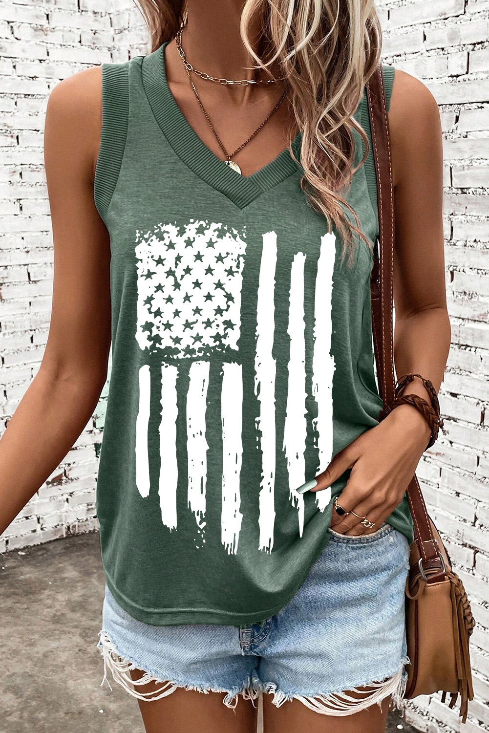 Vintage Frayed Flag Print Tank Top - Soft and Breathable - Detail View 2 Vintage Frayed Flag Print Tank Top - Soft and Breathable - Detail View 2