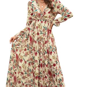 Women's Wild Lotus Ruffle Tiered Maxi Dress - Bohemian Style - Main View