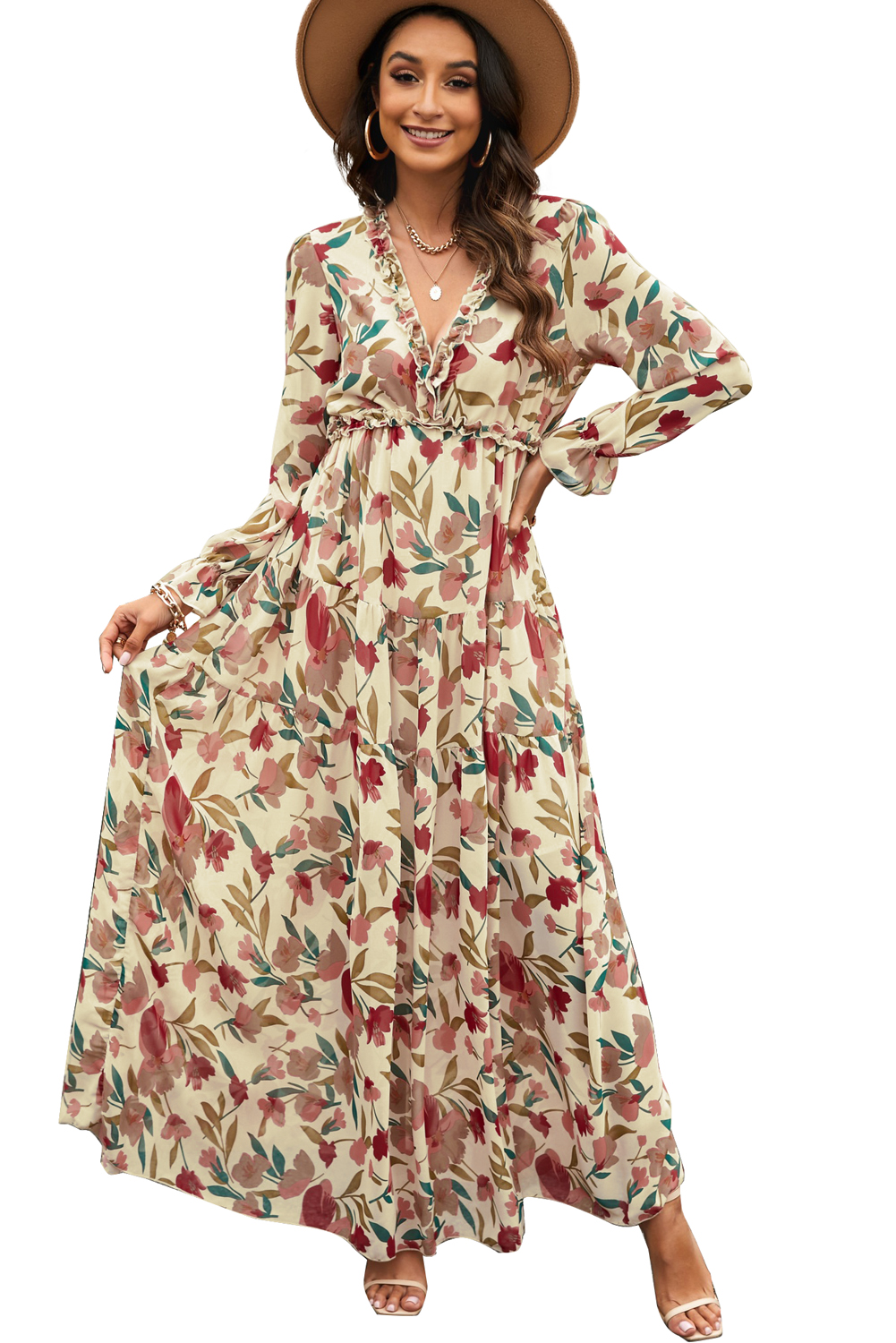 Women's Wild Lotus Ruffle Tiered Maxi Dress - Bohemian Style - Main View Women's Wild Lotus Ruffle Tiered Maxi Dress - Bohemian Style - Main View