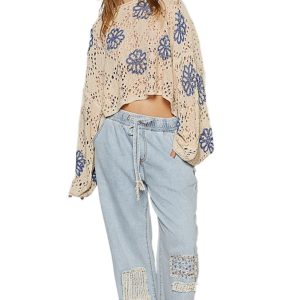 Women's Beige Floral Eyelet Drop Shoulder Sweater - Main View