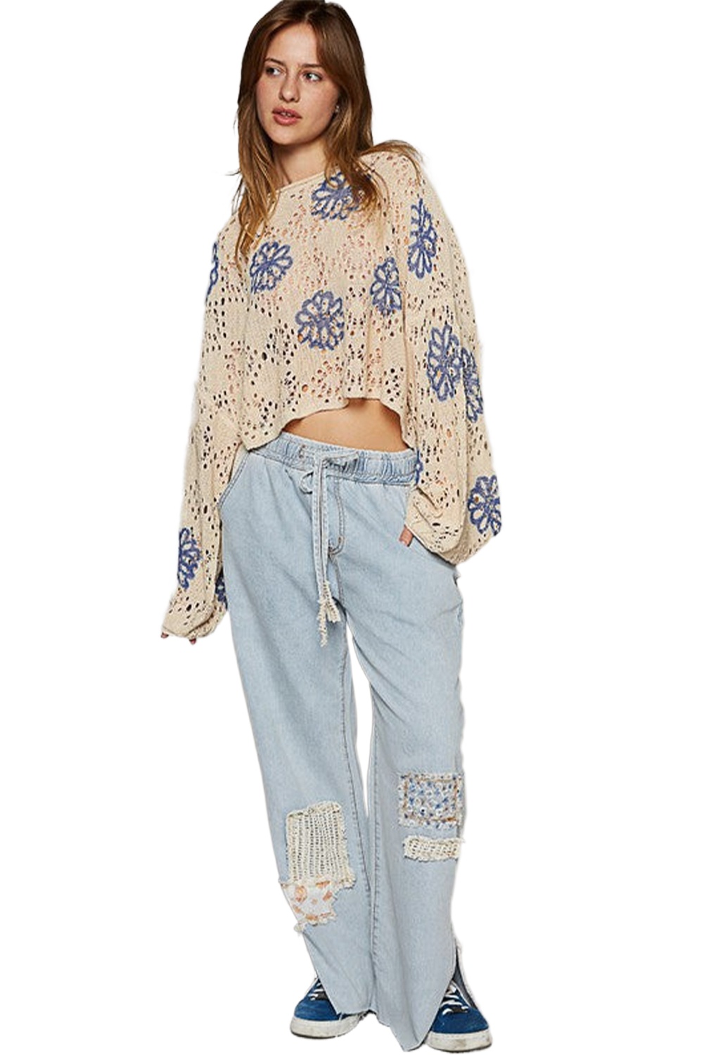 Women's Beige Floral Eyelet Drop Shoulder Sweater - Main View Women's Beige Floral Eyelet Drop Shoulder Sweater - Main View