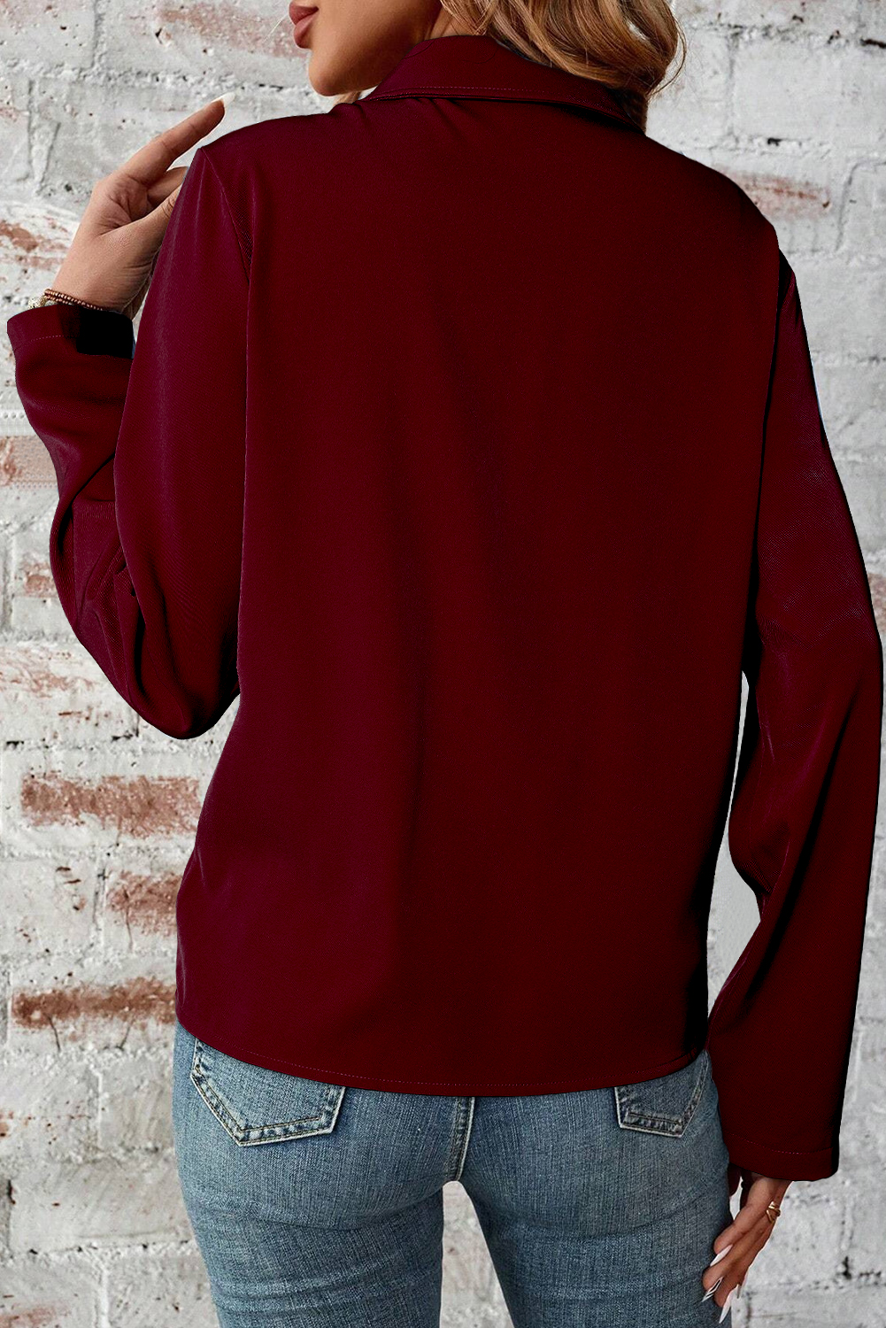 Chic and Versatile Red Dahlia Jacket - Turn Down Collar & Long Sleeves - Detail View 2 Chic and Versatile Red Dahlia Jacket - Turn Down Collar & Long Sleeves - Detail View 2