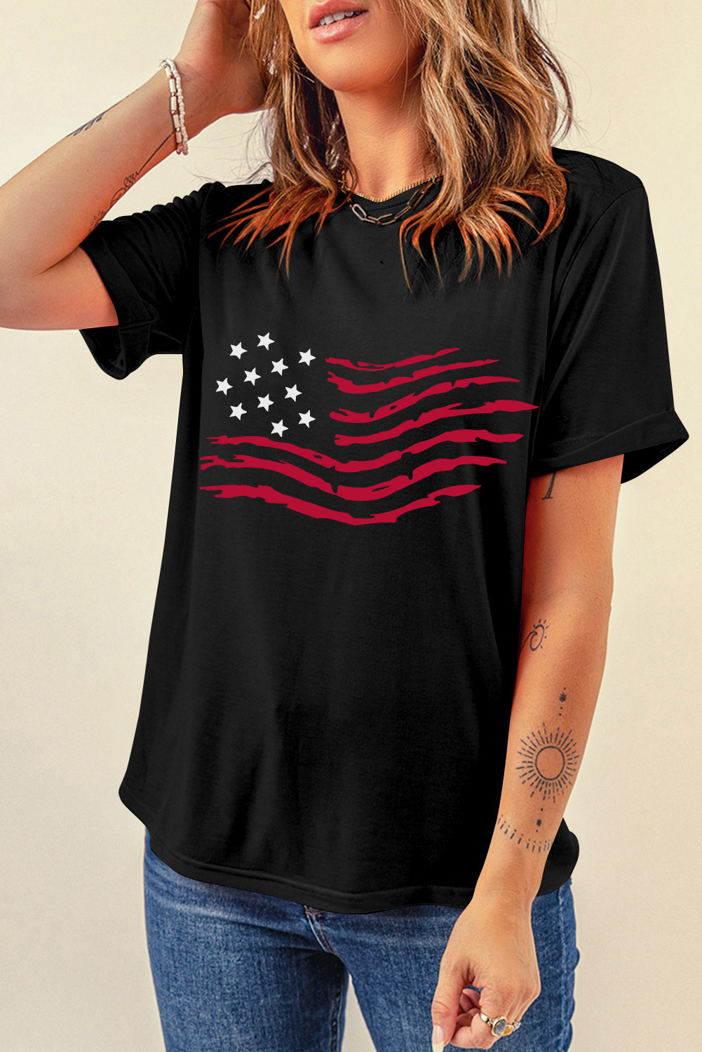 Embrace summer fashion with this trendy Women's American Flag Graphic Crew Neck T-Shirt. The black tee features a stylish American flag pattern, adding a touch of patriotism to your casual look. Made from a comfortable cotton blend, this tee is perfect for everyday wear. The casual style and round neckline make it a versatile choice for various occasions. Whether you're attending a summer barbecue or running errands, this graphic tee will keep you looking and feeling cool. Pair it with your favorite jeans or shorts for a laid-back and fashionable ensemble. Additionally, custom services are available for creating unique graphic tees to suit your individual style and preferences. - Detail View 9 Embrace summer fashion with this trendy Women's American Flag Graphic Crew Neck T-Shirt. The black tee features a stylish American flag pattern, adding a touch of patriotism to your casual look. Made from a comfortable cotton blend, this tee is perfect for everyday wear. The casual style and round neckline make it a versatile choice for various occasions. Whether you're attending a summer barbecue or running errands, this graphic tee will keep you looking and feeling cool. Pair it with your favorite jeans or shorts for a laid-back and fashionable ensemble. Additionally, custom services are available for creating unique graphic tees to suit your individual style and preferences. - Detail View 9