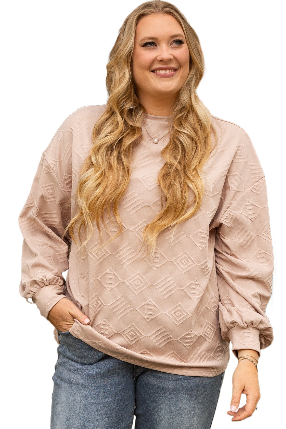 Women's Plus Size Parchment Textured Drop Shoulder Crew Neck Sweatshirt - Main View Women's Plus Size Parchment Textured Drop Shoulder Crew Neck Sweatshirt - Main View