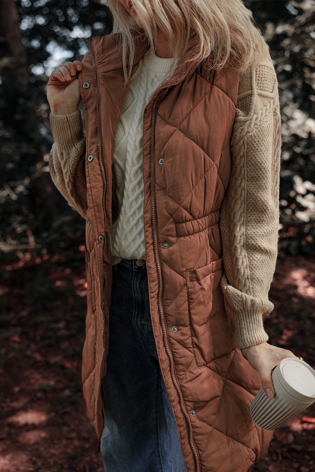 Women's Coffee Quilted Longline Puffer Vest with Stand Collar - Detail View 6 Women's Coffee Quilted Longline Puffer Vest with Stand Collar - Detail View 6