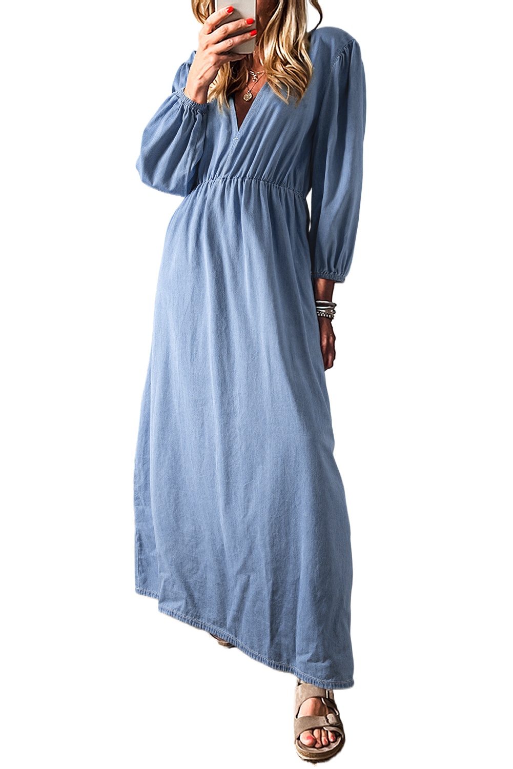 Women's Myosotis Chambray Deep V Neck Bracelet Sleeve Maxi Dress - Main View Women's Myosotis Chambray Deep V Neck Bracelet Sleeve Maxi Dress - Main View