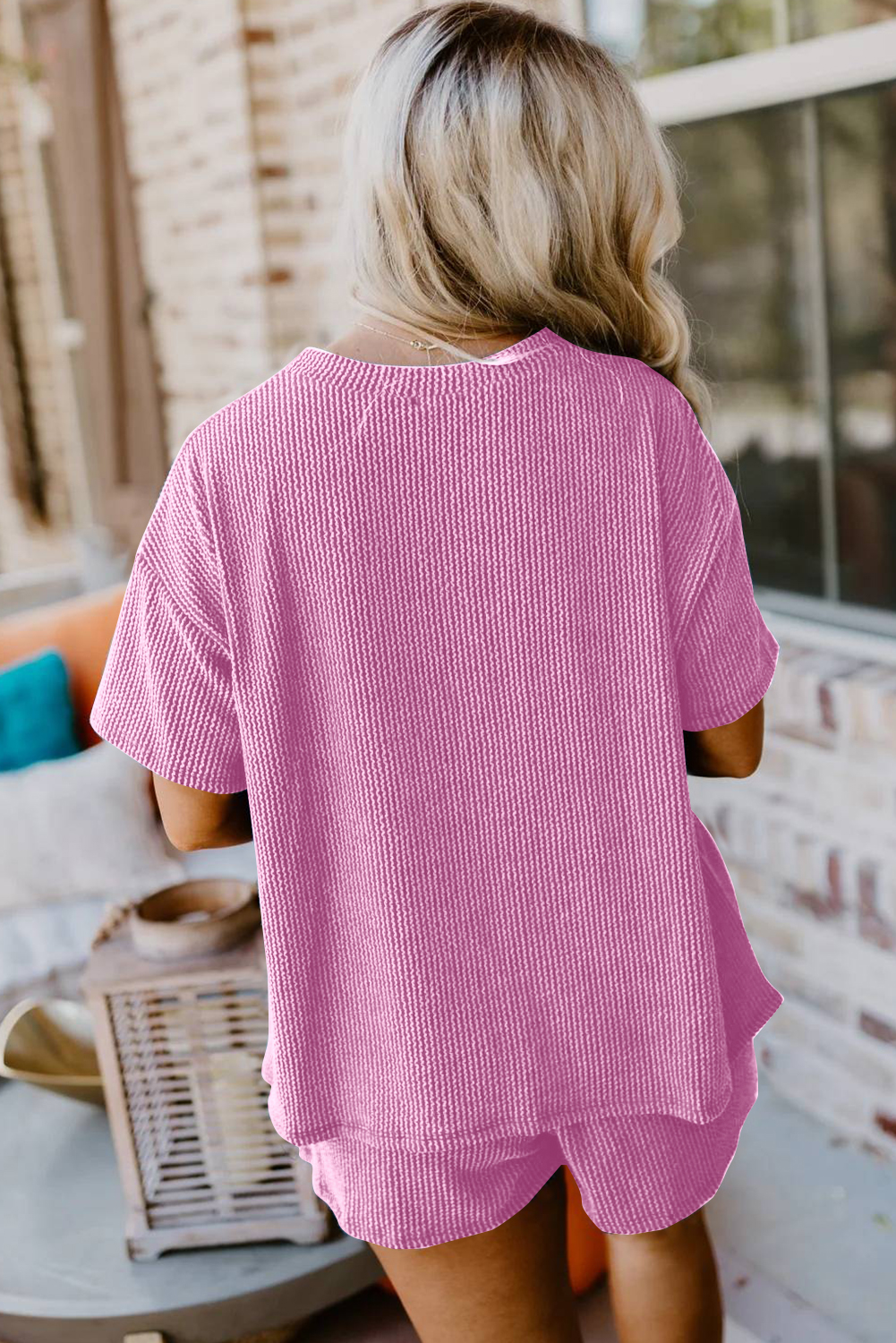 Casual Ribbed Tee and Shorts, Comfortable Women's Summer Set - Detail View 3 Casual Ribbed Tee and Shorts, Comfortable Women's Summer Set - Detail View 3