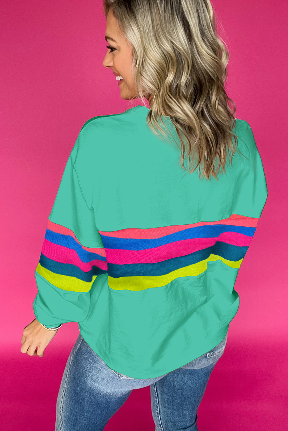 Comfortable and Stylish Long Sleeve Top - Green Stripe Accent Pattern for Daily Wear - Detail View 3 Comfortable and Stylish Long Sleeve Top - Green Stripe Accent Pattern for Daily Wear - Detail View 3