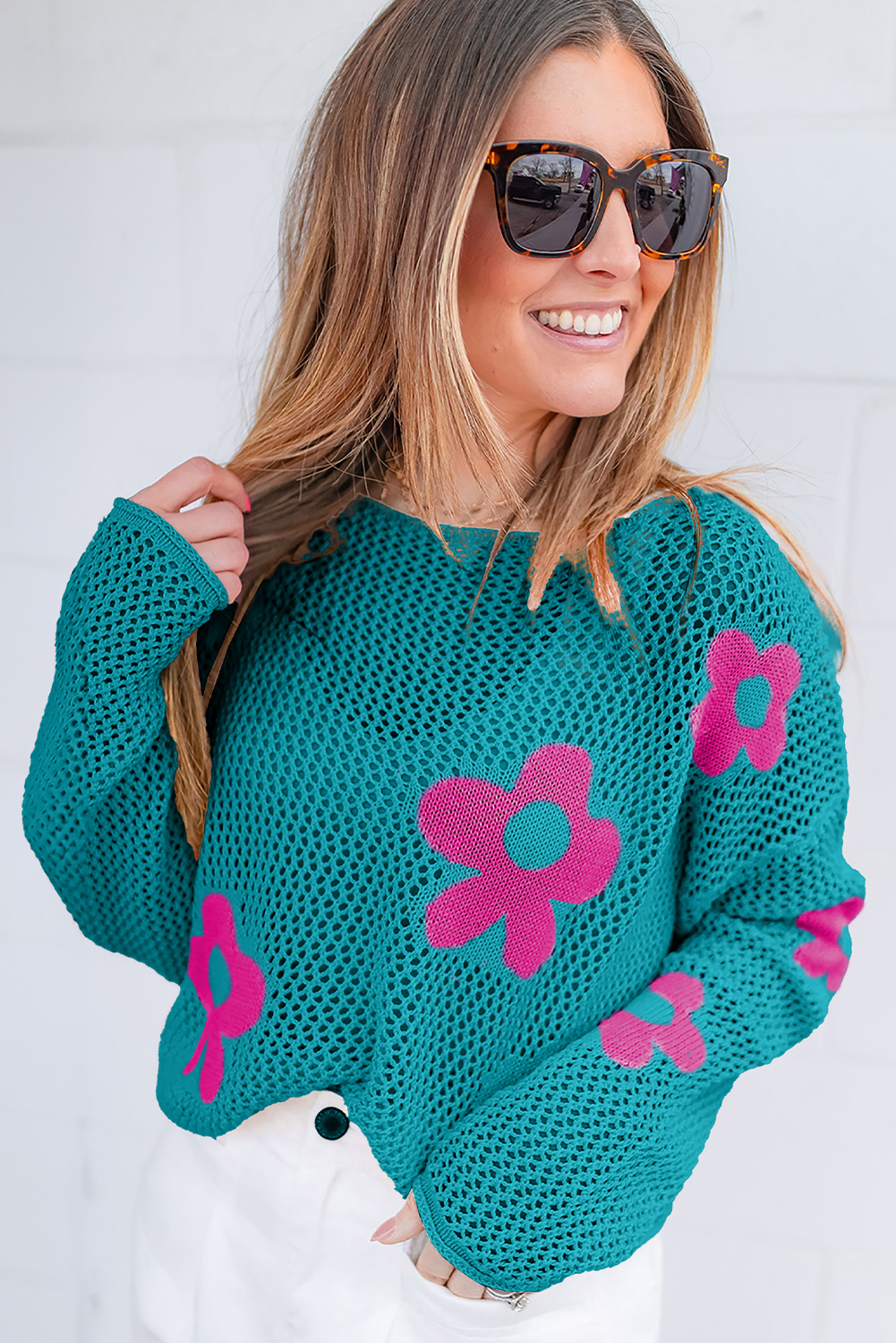 Women's Sea Green Floral Hollowed Knit Drop Shoulder Sweater - Detail View 6 Women's Sea Green Floral Hollowed Knit Drop Shoulder Sweater - Detail View 6