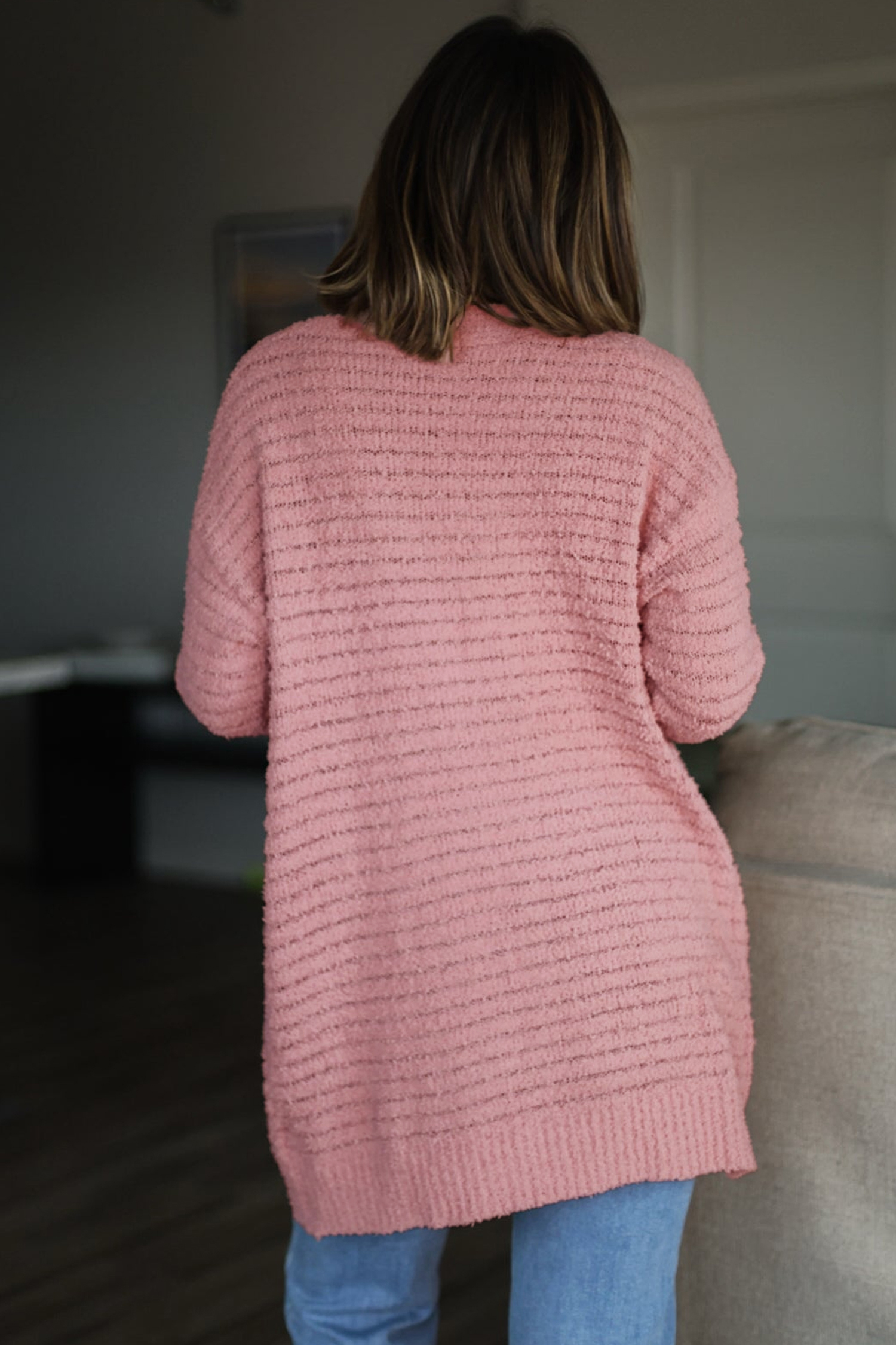 Casual Ribbed Knit Cardigan, Long Sleeve Open Front Sweater - Detail View 2 Casual Ribbed Knit Cardigan, Long Sleeve Open Front Sweater - Detail View 2