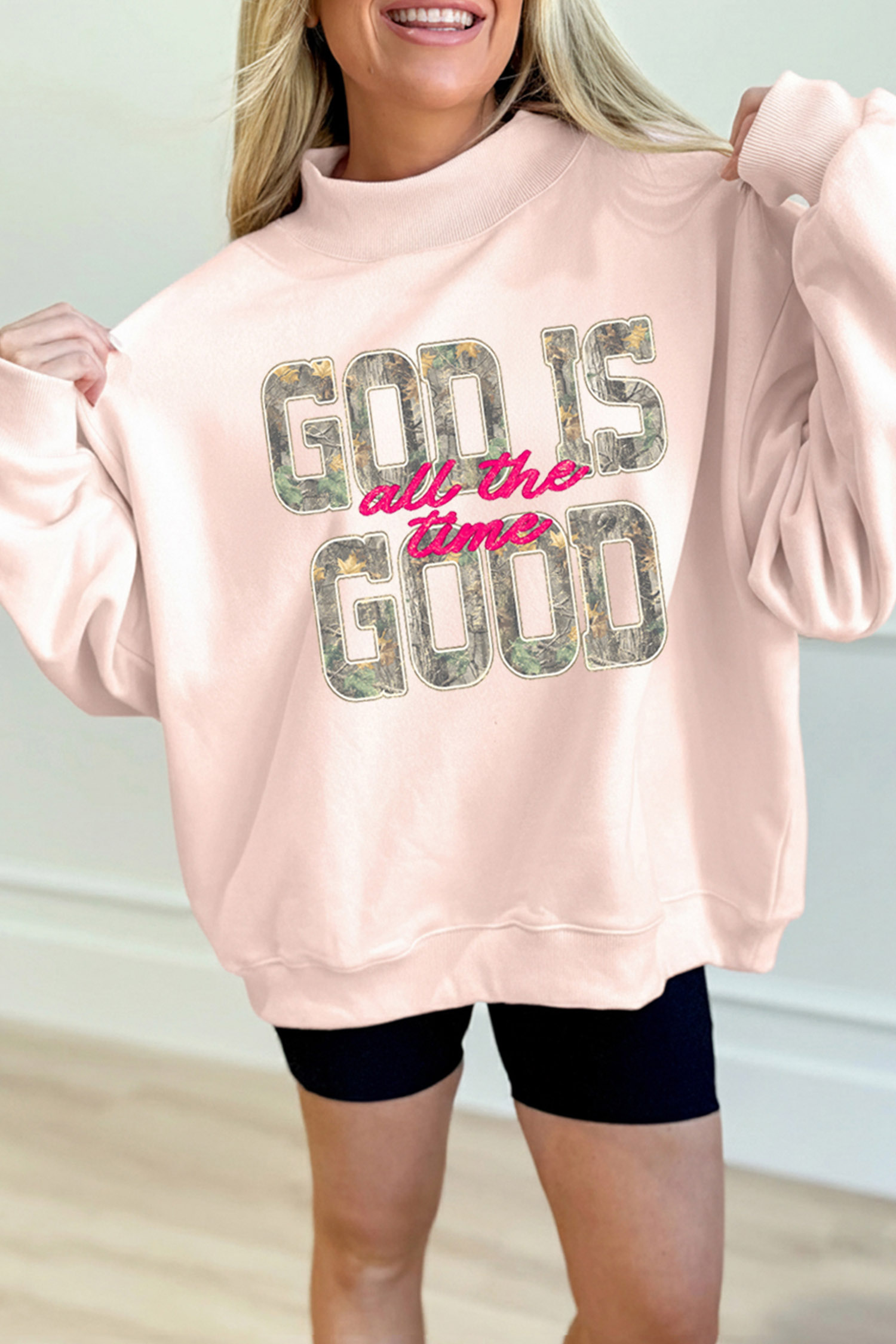 Camo Letter Graphic Sweatshirt, Women's Casual Mock Neck Pullover - Detail View 8 Camo Letter Graphic Sweatshirt, Women's Casual Mock Neck Pullover - Detail View 8