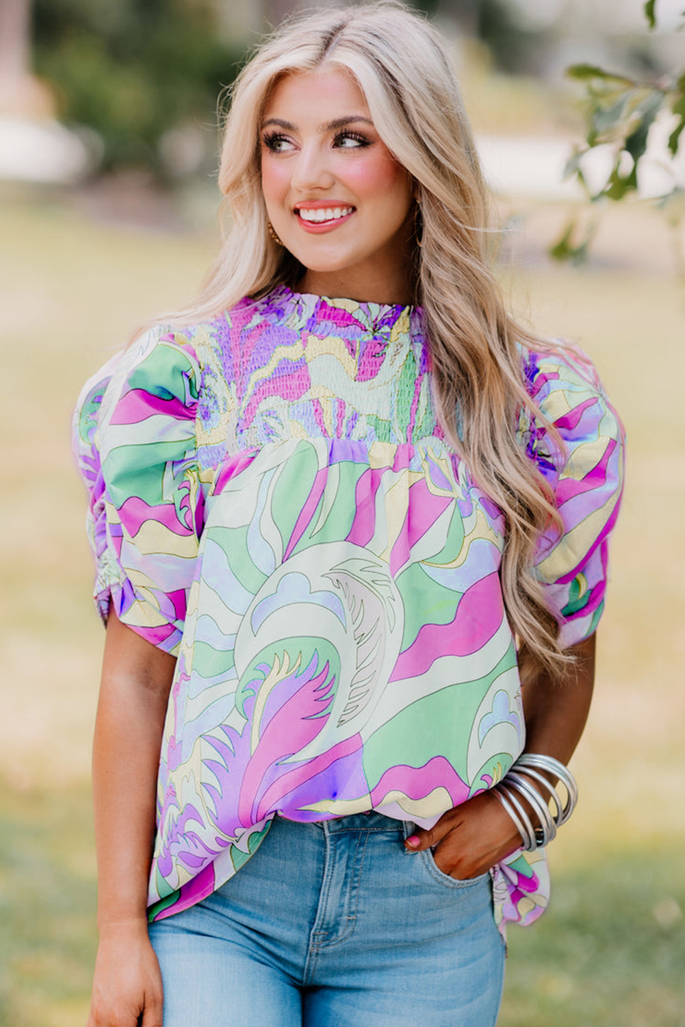 Women's Green Abstract Print Bubble Sleeve Smock Detail Blouse - Detail View 6 Women's Green Abstract Print Bubble Sleeve Smock Detail Blouse - Detail View 6