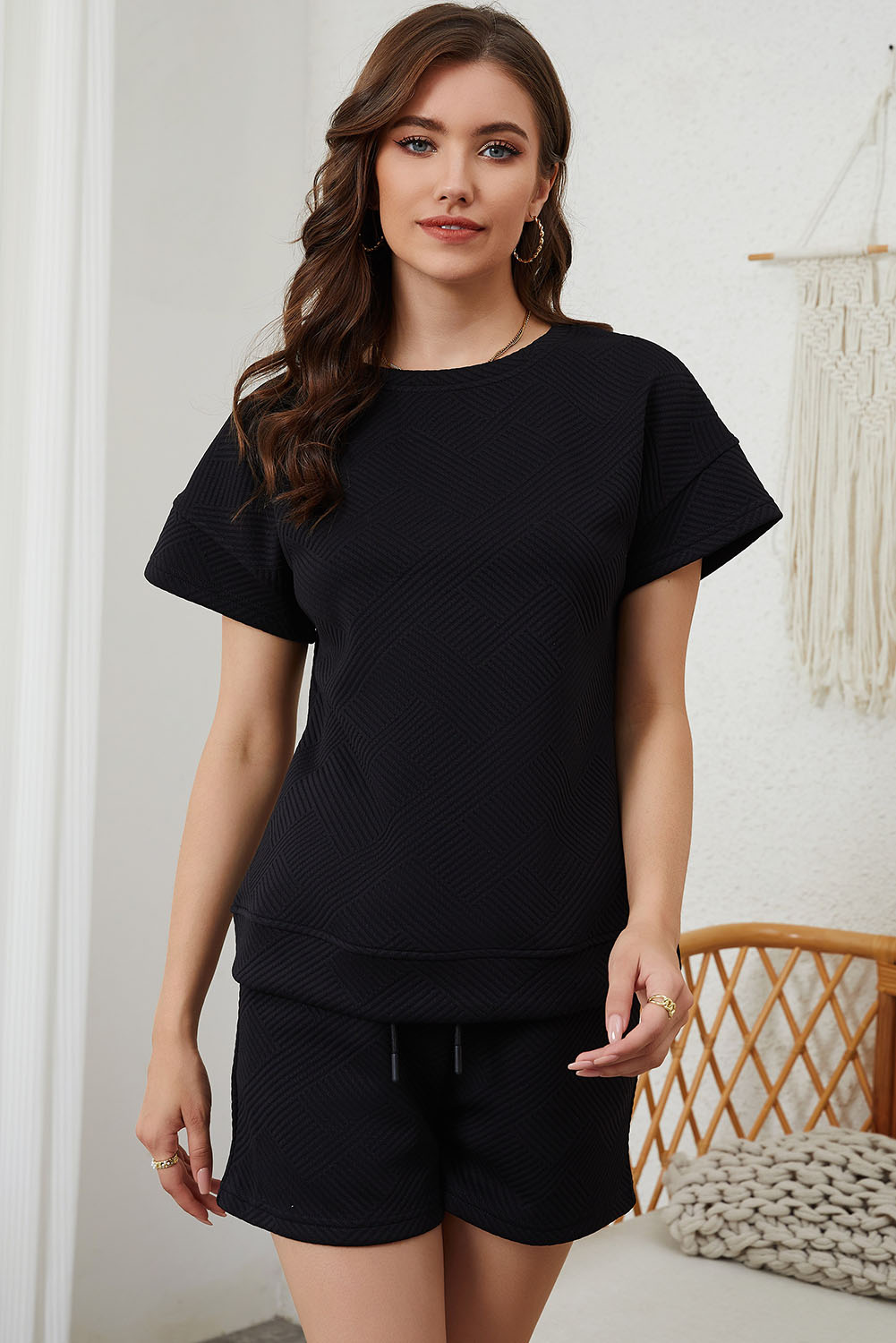 Chic Textured Lounge Set, Women's Round Neck Summer Shorts - Detail View 12 Chic Textured Lounge Set, Women's Round Neck Summer Shorts - Detail View 12