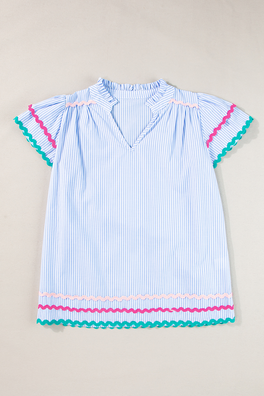 Women's Sky Blue Stripe Ruffled Sleeve Split Neck Blouse with Ric Rac Trim - Detail View 6 Women's Sky Blue Stripe Ruffled Sleeve Split Neck Blouse with Ric Rac Trim - Detail View 6