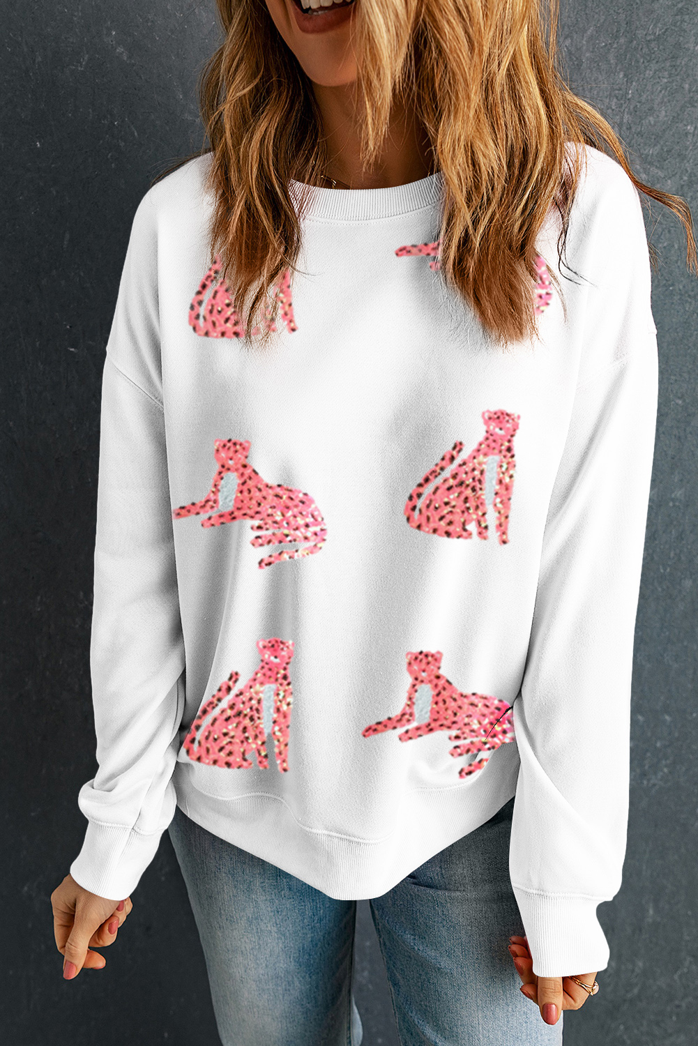 Statement-Making Women's Fall Sweatshirt: O Neck, Dropped Shoulders - Detail View 3 Statement-Making Women's Fall Sweatshirt: O Neck, Dropped Shoulders - Detail View 3