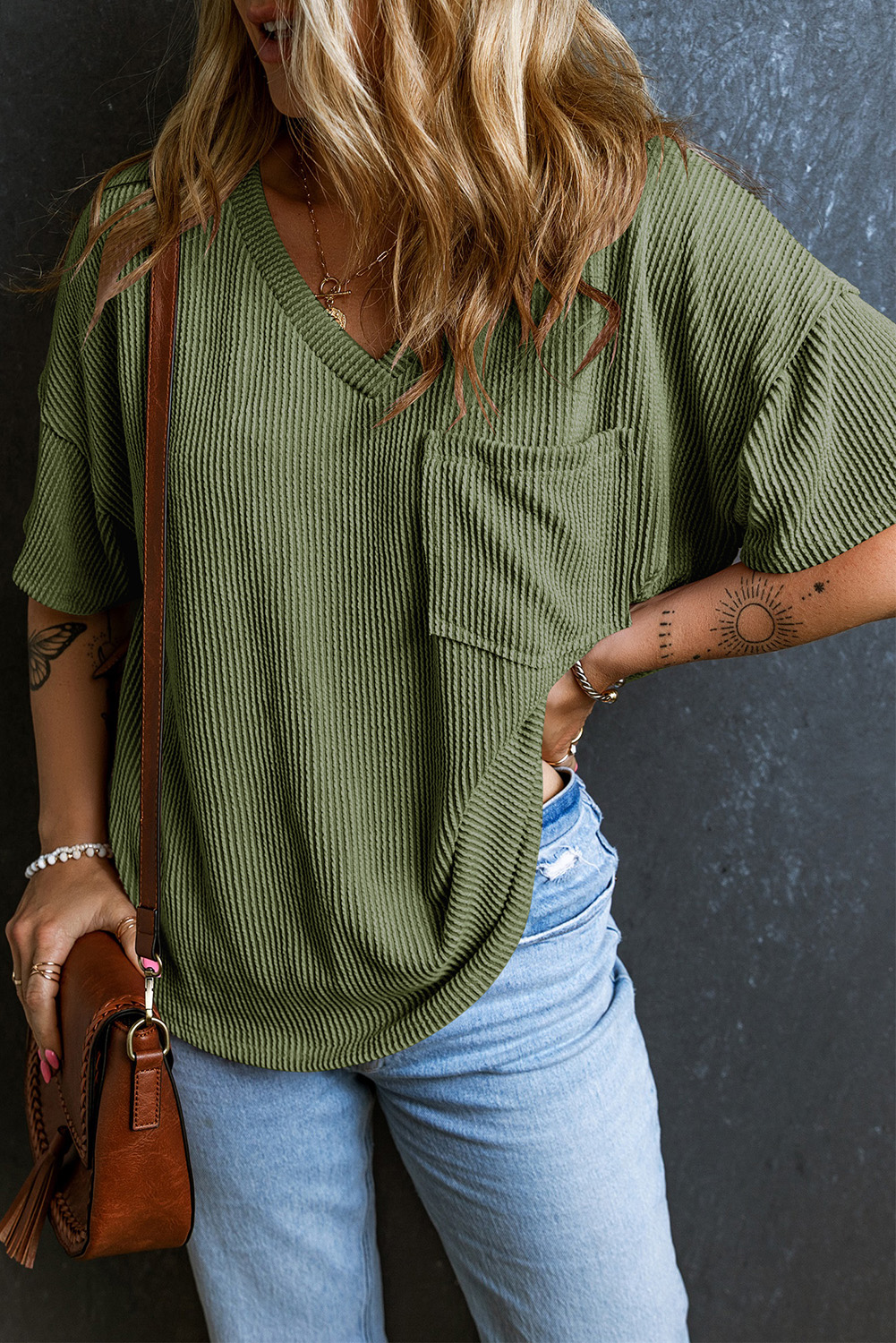 Women's Corded V Neck T-shirt, Casual Jungle Green Pocket Top - Detail View 7 Women's Corded V Neck T-shirt, Casual Jungle Green Pocket Top - Detail View 7