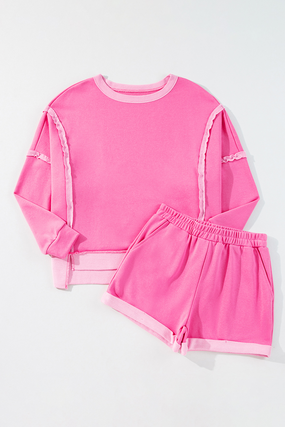 Women's Two-Piece Set, Sachet Pink, High Low Top, Long Sleeve, Casual Style, Patchwork Design, High Waist Shorts, Trendy Outfit, Daily Wear, Comfortable, Fashionable, Fall Fashion, Autumn Style, Color Block, Versatile, Cozy - Detail View 4 Women's Two-Piece Set, Sachet Pink, High Low Top, Long Sleeve, Casual Style, Patchwork Design, High Waist Shorts, Trendy Outfit, Daily Wear, Comfortable, Fashionable, Fall Fashion, Autumn Style, Color Block, Versatile, Cozy - Detail View 4